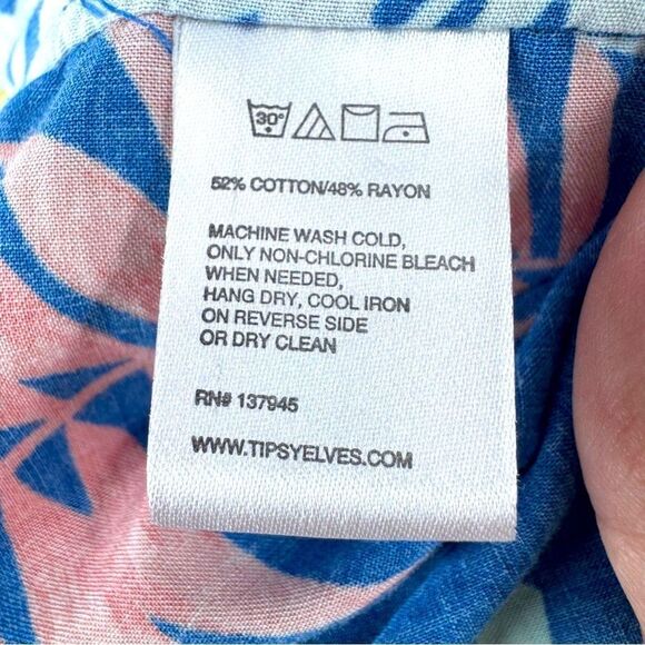 Tipsy Elves Blue and White Casual Button Down Shirt with Tropical Print - Picture 6 of 7